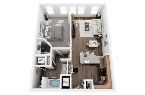 1 Bed 1 Bath 746 sf Ortega Floor Plan @ Two Addison Place